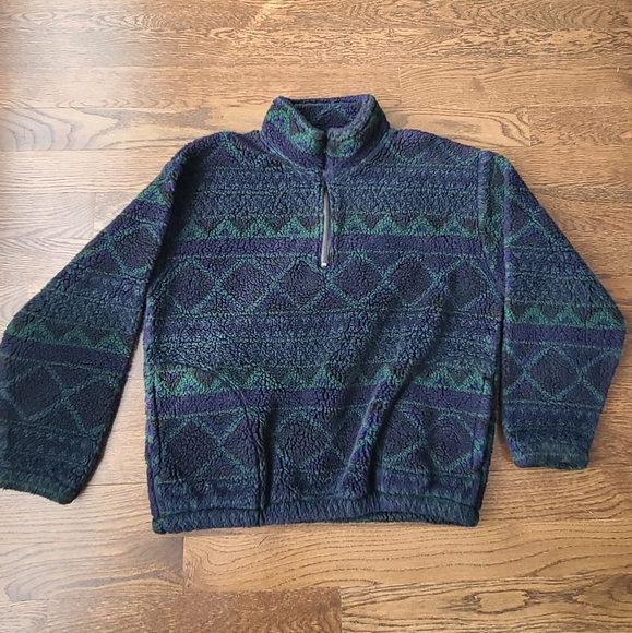 Vintage 80" Field and Stream Blue/Green teddy bear fleece pullover Men's Sz.L - Picture 1 of 12